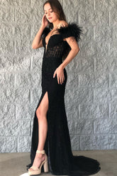Black Prom Dress Mermaid Lace Long Evening Dress with Feathers